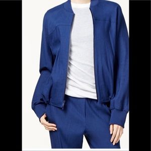 DKNY Womens Blue Drawstring Zip Neck Bomber Jacket Size: M